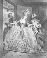 <I>De 18e eeuwse dame wist hoe zij een grootse entree moest maken. Dansen in een dergelijke jurk kon echter wat lastig uitpakken...</I> / Bron: Robert Delaunay (1749–1814) / Jean-Michel Moreau the Younger (1741–1814), Wikimedia Commons (Publiek domein)